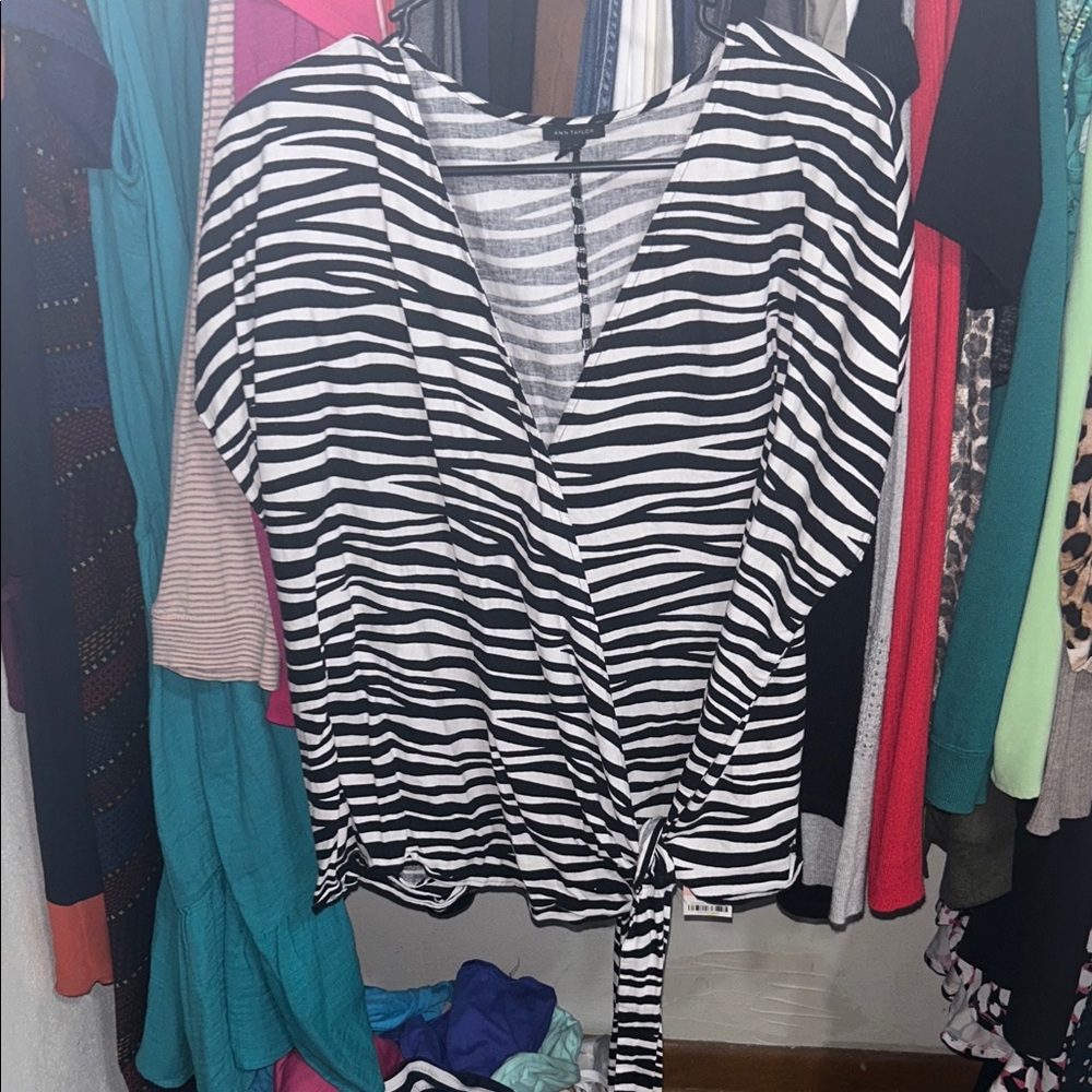 Ann Taylor Black and White Striped Wrap Blouse